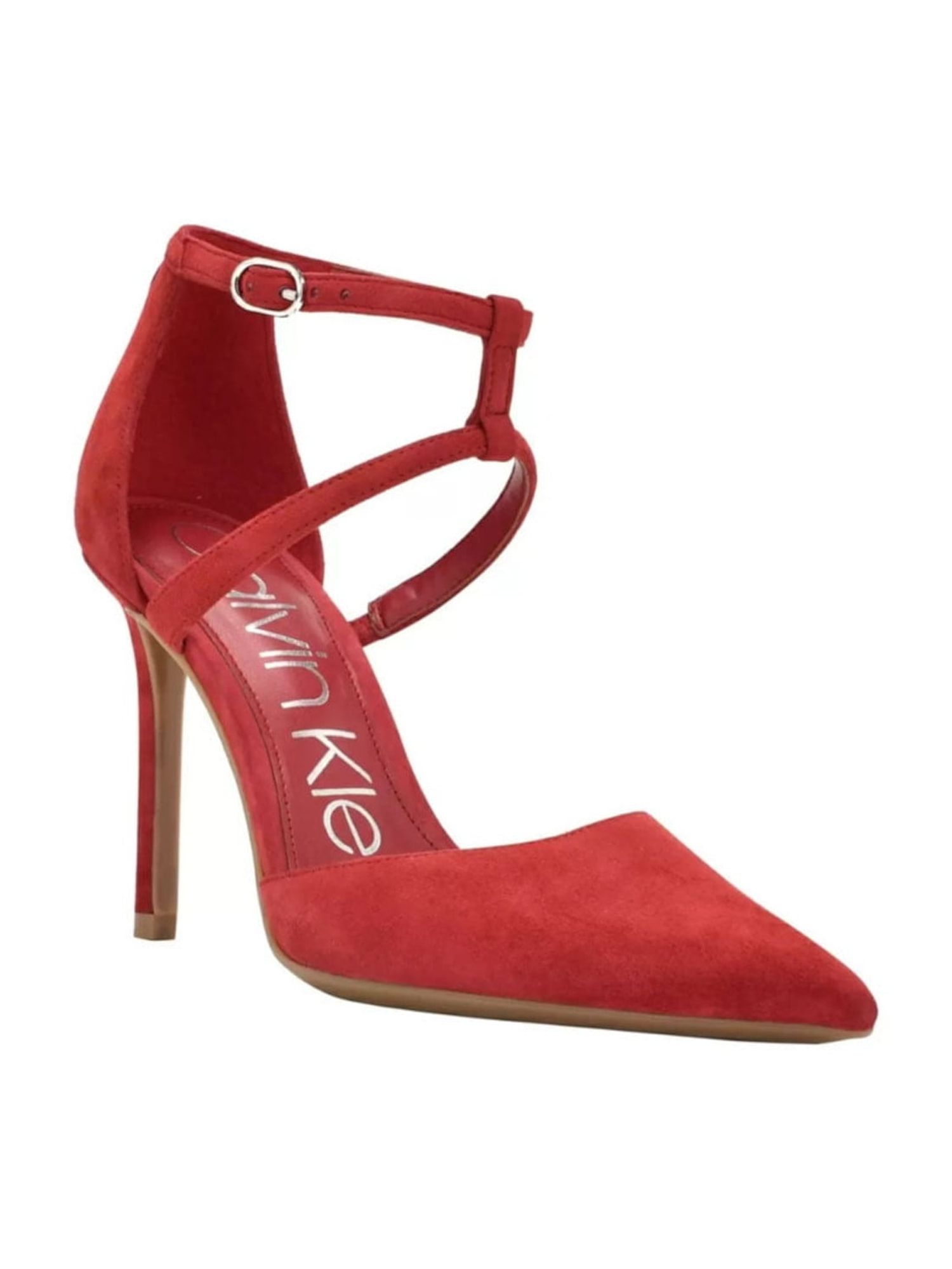 CALVIN KLEIN Womens Red Ankle Strap Padded Dentel Pointed Toe Stiletto Buckle Leather Dress Pumps Shoes 10 M
